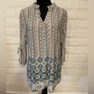 Lildy Tan, Blue, Orange Patterned Split Sleeve Tunic, collared v neck, sz L - XL